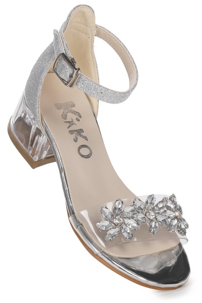 KİKO KİDS YANGU KUM SİMLİ TAŞLI KIZ ÇOCUK 3 CM ŞEFFAF TOPUKLU SANDALET ABİYE AYAKKABI